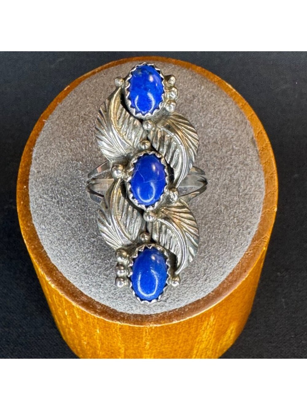 Solid Sterling Silver 925 Three Stone Lapis Lazuli Leaf Statement Ring Size 6.75